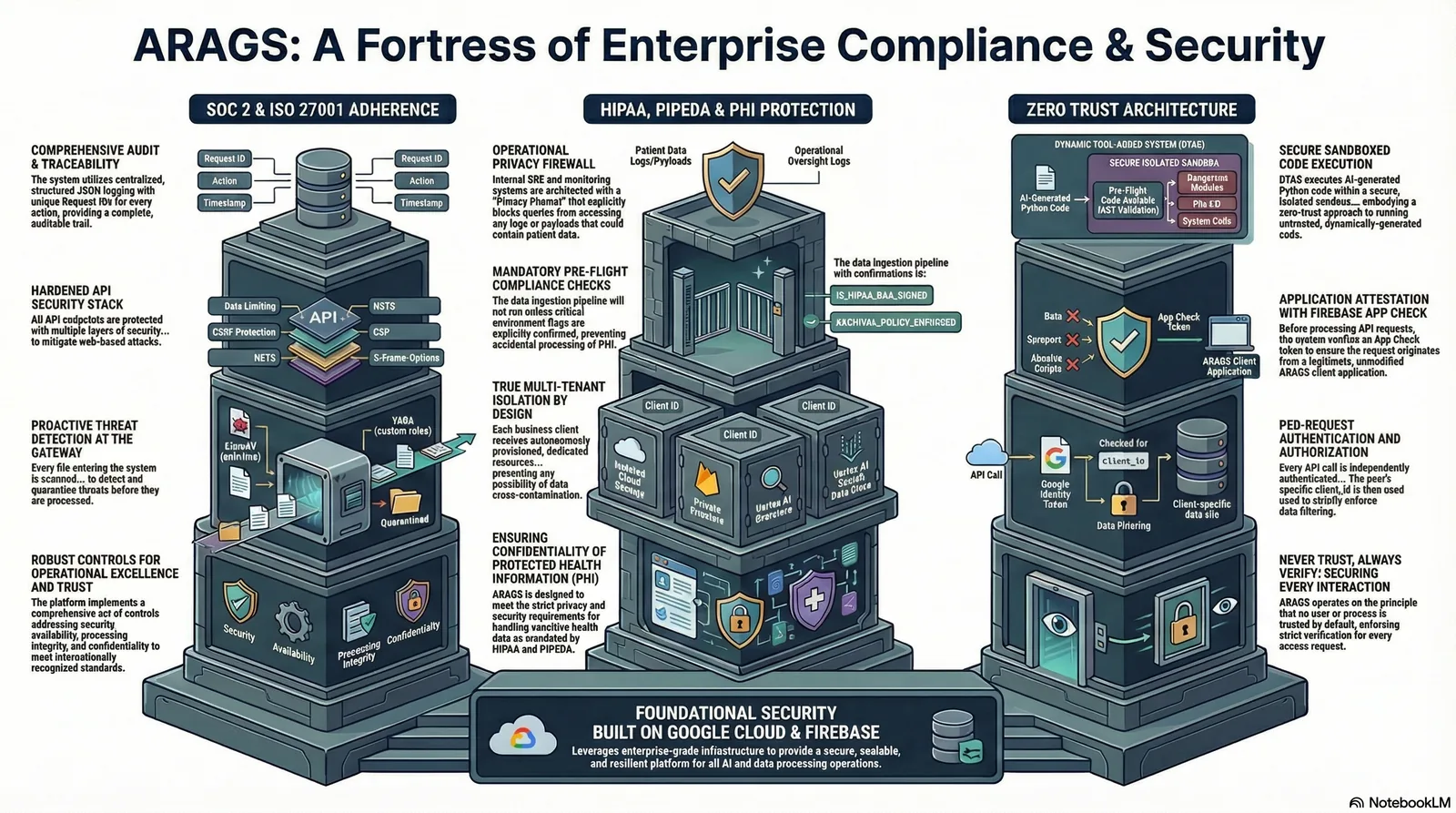 ARAGS security and compliance framework — audit trail, hardened API, threat scanning, tenant isolation, PHI protection, zero-trust execution